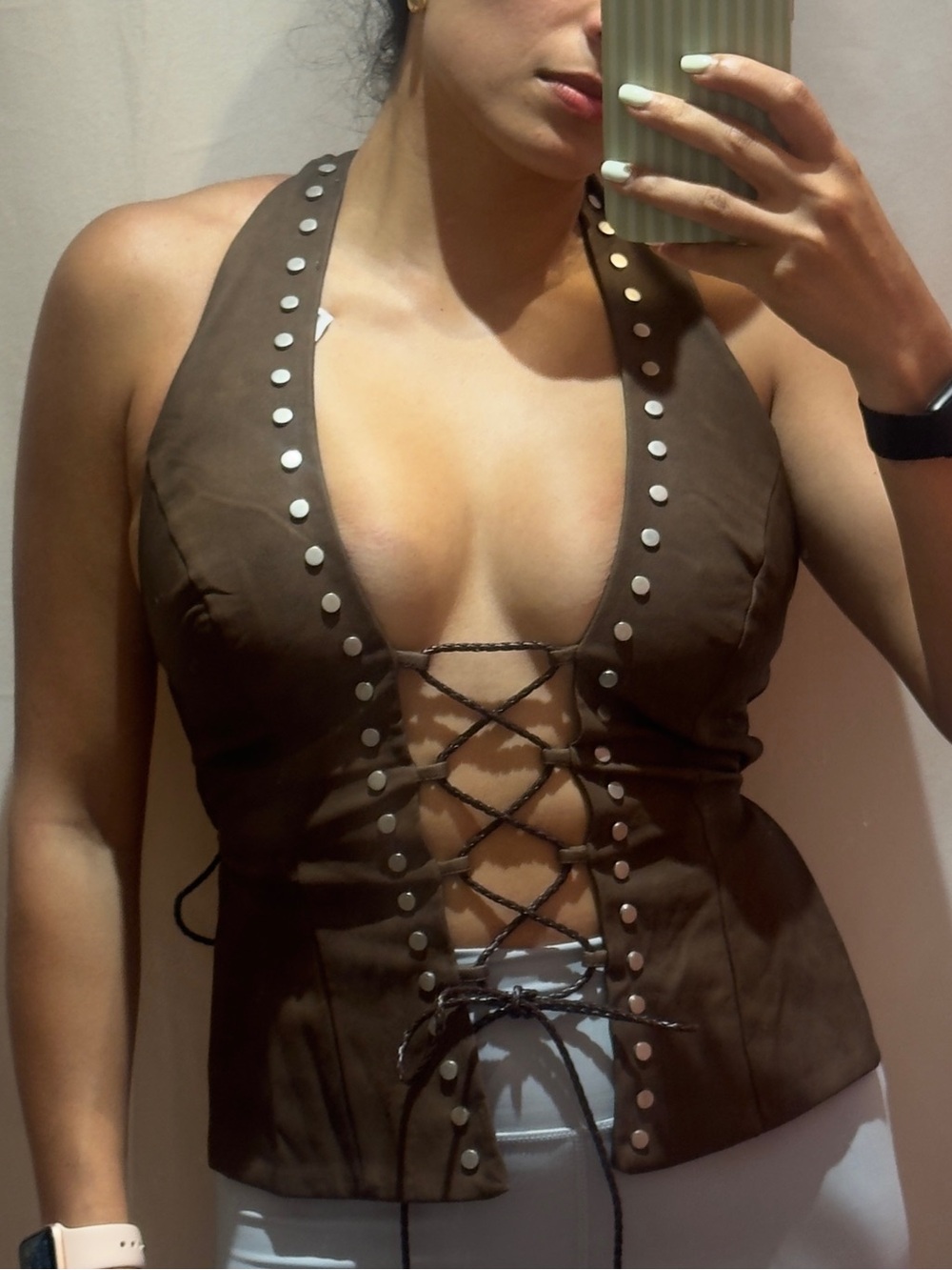 NEVER WORN Women's faux Leather studded lace-Up Halter Top